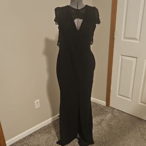 Windsor Black Front Slit Gown With Lace Top